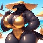 anthro avian basket beach beak big_breasts bird black_beak black_body black_feathers blackgum breasts chest_tuft clothing container corvid corvus_(genus) crow feathers female muscular non-mammal_breasts one-piece_swimsuit oscine passerine seaside smile solo sun_hat swimwear thick_thighs tuft umbrella white_eyes wide_hips