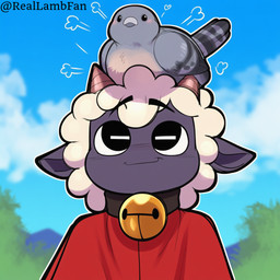 anthro bell collar feral happy horn looking_up male sitting_on_head reallambfan cult_of_the_lamb lamb_(cult_of_the_lamb) avian bird bovid caprine columbid mammal pigeon sheep