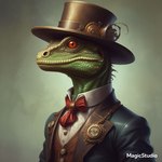 anthro clothed clothing green_body hat headgear headwear jacket looking_at_viewer male red_eyes shirt solo steampunk top_hat topwear vest cow_of_fire lizard reptile scalie 1:1