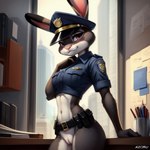 anthro belt clothing desk female furniture genitals judy_hopps lagomorph leporid looking_at_viewer lurktime_(director) mammal office police police_hat police_uniform pussy rabbit solo table uniform zootopia