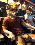 anthro blonde_hair bottomwear bulge clothing eyewear fox_ears fur glasses hair male movie_theater orange_body orange_fur public red_clothing shorts sitting solo longhorn_(director) canid canine fox mammal hi_res