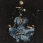 anthro barefoot black_body black_ears black_fur black_nails black_nose blue_clothing blue_dress clothing colored_nails crossed_legs dress feet female fur jewelry meditating meditation moon nails necklace solo space bahufaru cherna_(bahufaru) bovid caprine goat mammal