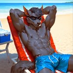 anthro athletic beach beach_chair blue_bottomwear blue_clothing blue_shorts bottomwear brown_eyes chair closed_smile clothing eyemask fur furniture grey_body grey_fur grey_hair hair hands_behind_head ice_cooler male mature_male on_chair seaside shorts sitting sitting_on_chair solo jet-ax sly_cooper_(series) sly_cooper mammal procyonid raccoon hi_res
