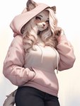 anthro black_bottomwear black_clothing black_pants blonde_hair bottomwear choker clothing ear_piercing female grey_eyes hair hoodie jewelry lips necklace pants piercing pink_clothing simple_background solo topwear wavy_hair whiskers white_background sappy_(director) felid feline mammal hi_res shaded