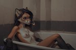 anthro bathroom bathtub black_hair blue_eyes breasts cigarette eyeshadow female fur hair makeup nipples nude orange_body smoking solo tuft white_body gren_art canid canine fox mammal absurd_res hi_res watermark