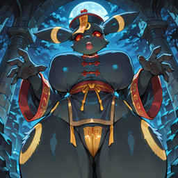 5_fingers anthro big_breasts breasts camel_toe female fingers foreshortening front_view huge_breasts jiangshi_costume jiangshi_pose looking_at_viewer night ofuda ofuda_on_hat open_mouth shocked solo standing talisman upper_body view_from_below lucasauditore nintendo pokemon eeveelution generation_2_pokemon pokemon_(species) umbreon absurd_res hi_res