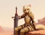 anthro armor blonde_hair fantasy female hair melee_weapon red_eyes serious_face solo sword weapon monster_hunter mila_minx mammal mink mustelid musteline true_musteline absurd_res hi_res