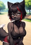 anthro big_breasts black_body black_fur black_hair bottomwear breasts canid canine cleavage clothed clothing elizabeth_(inrei) eyewear female fox fur glasses hair inrei mammal multicolored_hair nipple_outline park seductive shirt shorts skimpy solo tank_top topwear two_tone_hair