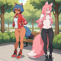 anthro black_clothing black_footwear black_shoes bottomwear brown_body brown_fur clothing covering covering_breasts covering_self duo eyes_closed female footwear fur hand_in_pocket jacket pants pink_body pink_fur pockets pouting red_clothing red_eyes red_footwear red_jacket red_shoes red_topwear shirt shoes smile standing tank_top topwear white_clothing white_shirt white_tank_top white_topwear yoga_pants noverthink brand_new_animal michiru_kagemori nazuna_hiwatashi canid canine fox mammal raccoon_dog tanuki