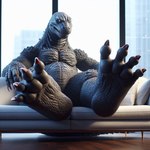 2023 4_toes anthro building city city_background claws dq11 dragon feet foot_focus full-length_portrait furniture godzilla godzilla_(series) grey_body grey_scales inside kaiju male on_sofa portrait scales shadow sitting sitting_on_sofa snout sofa soles solo toe_claws toes white_claws white_sofa window