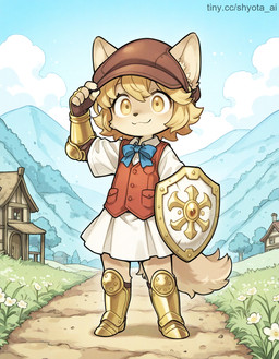 anthro armor armored_boots blonde_hair blue_bow boots bottomwear clothing dress female footwear fur gauntlets gloves hair handwear hat headgear headwear light_armor little_tail_bronx red_clothing red_topwear red_vest shield skirt solo tan_body tan_fur topwear vest village white_bottomwear white_clothing white_dress white_skirt young_anthro young_female fuga:_melodies_of_steel mei_marzipan canid canine canis domestic_dog mammal hi_res