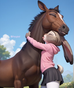 anthro anthro_on_feral bestiality big_eyes bodily_fluids bottomwear clothed clothed/nude clothed_female clothed_female_nude_male clothing drooling duo embrace female feral fur hoodie hug licking male male/female nude saliva size_difference skirt standing tongue tongue_out topwear panzglard disney zootopia judy_hopps equid equine horse lagomorph leporid mammal rabbit hi_res