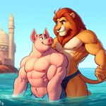 abs anthro castle clothing domestic_pig duo eye_contact felid grinding lion looking_at_another male male/male mammal muscular nipples pantherine rock shirtless smile suggestive suid suina sus_(pig) swimwear water zidanes123