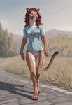 4_toes 5_fingers ai_tagging_(redrocket) amber_eyes anatomically_correct_tail anthro artois_posting_service athletic athletic_female barefoot biped blue_clothing blue_shirt blue_topwear bottomless bottomless_anthro bottomless_female breasts brown_body brown_fur claws clothed clothing crotch_tuft day detailed_background digitigrade featureless_crotch feet female fingers front_view fur grass hair inner_ear_fluff long_hair looking_at_viewer markings multicolored_body multicolored_fur nature outside path paws pink_nose plant red_hair road semi-anthro semi-anthro_legs shirt shirt_only sky smile solo standing t-shirt tail tan_body tan_fur toe_claws toes topwear topwear_only tree tuft walking walking_towards_viewer whiskers white_body white_fur director_crashbandit cougar felid feline mammal digital_media_(artwork) hi_res