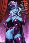 anthro breasts cape chest_tuft choker cleavage clothed clothing dialogue female hand_on_hip hat headgear headwear horn jewelry leggings legwear leotard magic microphone necklace solo stage tuft wizard_hat rhy_panda friendship_is_magic my_little_pony trixie_(mlp) equid equine horse humanoid mammal pony unicorn absurd_res hi_res