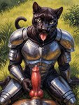 animal_genitalia animal_penis anthro anthro_focus anthro_on_anthro anthro_pov armor black_body black_fur bodily_fluids canine_genitalia canine_penis cum cum_on_tongue duo erection fellatio_pov first_person_view fur genital_fluids genitals grass interspecies knight knot looking_at_viewer looking_up looking_up_at_viewer male male/male male_focus male_on_anthro male_pov medieval medieval_armor outside outside_sex penis plant sitting sitting_on_ground smile smiling_at_viewer solo_focus tongue vein veiny_penis warrior yellow_eyes yiffymix_(model) bezi_(director) canid canine felid mammal pantherine hi_res