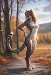 anthro autumn digitigrade falling_leaves female forest hair long_hair mountains nude orange_hair path plant smile solo spots standing tasteful_nudity tree twisting director_crashbandit felid leopard mammal pantherine hi_res novelai