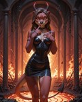 anthro bottomwear clothing collar corset female fire fishnet grin hair hell leather leather_clothing lingerie long_hair looking_at_viewer pupils skirt slit_pupils smile solo topwear ivorymane demon lutrine mammal mustelid hi_res