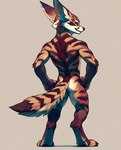 anthro athletic athletic_anthro athletic_male back_muscles brown_body brown_fur butt canid canine digitigrade ear_tuft fluffy fluffy_tail fox fur fur_markings fur_tuft hands_on_hips hi_res looking_at_viewer looking_back looking_back_at_viewer male mammal markings muscular muscular_anthro muscular_male rear_view smile solo standing striped_markings stripes tuft vulpera white_body