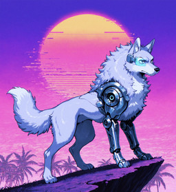 ambiguous_gender black_nose claws cybernetic_leg cybernetic_limb cybernetics cyberpunk feral fluffy fluffy_tail fur inner_ear_fluff machine mechanical_joints palm_tree paws plant solo tree tuft visor_eyes white_body white_fur burioth canid canine canis cyborg domestic_dog mammal absurd_res cropped hi_res