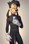 anthro balls black_body canid canine canis cartoon_character cartoonlover clothing disney domestic_dog genitals gloves handwear hi_res looking_at_viewer male mammal max_goof nude penis phone solo standing