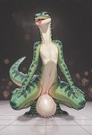 anthro crouching egg female genitals looking_pleasured open_mouth oviposition pussy solo tongue tongue_out unknown_director scalie hi_res