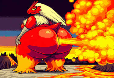 ambiguous_gender anthro beak big_butt blue_eyes bubble_butt butt fart fart_fetish feathers fire fire_fart huge_butt lava looking_at_butt looking_back_at_self multicolored_body multicolored_feathers overweight rear_view red_body red_feathers smile solo tail_feathers white_body white_feathers yellow_body yellow_feathers yellow_sclera rioblubird nintendo pokemon blaziken generation_3_pokemon pokemon_(species) digital_media_(artwork) pixel_(artwork)