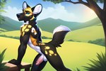 african_wild_dog anthro balls bumblebee95 canid canine fluffy fluffy_tail genitals hi_res humanoid_genitalia humanoid_penis looking_at_viewer male mammal muscular muscular_anthro muscular_male penis seductive solo