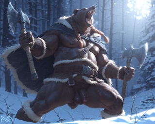 anthro axe balls big_biceps brown_body brown_fur clothed clothing detailed_fur flaccid foreskin forest fur genitals hair holding_object humanoid_genitalia humanoid_penis male melee_weapon musclegut muscular muscular_male nipples nude open_mouth outside overweight overweight_anthro overweight_male pecs penis plant pubes scar screaming short_hair snow solo teeth thick_thighs tree tuft vein viking weapon notte mammal ursid ursine absurd_res detailed hi_res