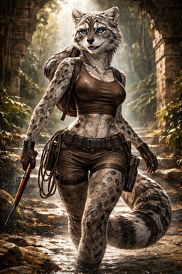 adventurer_outfit anthro athletic backpack belt bottomwear cinematic_lighting clothing digitigrade fangs female fur gloves handwear jungle muscular muscular_female outside rope ruins shirt shorts solo spots spotted_body spotted_fur tail tank_top teeth topwear weapon fauirien lara_croft felid mammal pantherine snow_leopard hi_res