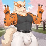 5_fingers anthro anthrofied armpit_hair biceps big_biceps big_bulge biped black_clothing black_nose black_shirt black_tank_top black_topwear blep blue_sky blurred_background body_hair bottomwear brown_eyes bulge butt cherry_blossom cherry_blossom_tree cherry_tree claws clothed clothed_anthro clothed_male clothing cloud cute_fangs double_v_sign eyewear finger_claws fingers fluffy fluffy_tail fruit_tree gesture glasses humanoid_hands looking_at_viewer male muscular muscular_anthro muscular_arms muscular_legs muscular_male muscular_thighs neck_tuft nipple_outline nipples orange_ears pants pecs pink_tongue plant pokemorph red_nipples round_glasses shirt sky smile smiling_at_viewer solo standing tan_inner_ear tank_top thick_arms thick_thighs tongue tongue_out topwear tree tuft v_sign white_bottomwear white_clothing white_cloud white_pants windie nintendo pokemon arcanine canid canine generation_1_pokemon mammal pokemon_(species) 1:1 2025 digital_drawing_(artwork) digital_media_(artwork) hi_res