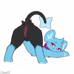 anus blush bodily_fluids butt dripping female feral genital_fluids jack-o'_pose looking_at_viewer looking_back looking_back_at_viewer narrowed_eyes pose purple_eyes purple_scarf pussy_juice pussy_juice_drip pussy_juice_puddle pussy_juice_string quadruped raised_tail rear_view scarf simple_background smile solo zamiai nintendo pokemon ellie_(stardust_durg) generation_4_pokemon pokemon_(species) shinx 1:1 absurd_res hi_res