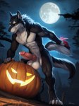 anthro artist:wolfchime back_body big_penis bodily_fluids canid canine canis cum cum_drip dripping genital_fluids genital_growth genitals growth halloween happy hi_res humanoid knot male male/male mammal muscular penis penis_growth penis_tip solo were werecanid werecanine werewolf wolf