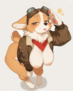 4_toes 5_fingers anthro areola barefoot bedroom_eyes bent_over big_breasts biped black_nose blep blush bomber_jacket bottomless bottomless_anthro bottomless_female breasts brown_body brown_clothing brown_eyes brown_fur brown_topwear cheek_tuft claws clothed clothed_anthro clothed_female clothing countershading digitigrade ears_down emanata eyebrows eyelashes eyewear eyewear_on_head facial_tuft feet female female_anthro finger_claws fingers fluffy fur gesture goggles goggles_on_head grey_background half-closed_eyes halftone halftone_background hand_on_knee hand_on_leg hanging_breasts high-angle_view inner_ear_fluff jacket kerchief leaning leaning_forward looking_at_viewer monotone_breasts mostly_nude multicolored_body multicolored_fur multicolored_tail narrowed_eyes neck_tuft neckerchief neckwear nipples open_clothing open_jacket open_topwear orange_body orange_fur partially_clothed patch_(fabric) pattern_background pawpads paws pink_areola pink_nipples pink_pawpads pink_tongue pivoted_ears pupils red_kerchief red_neckerchief salute scarf seductive short_tail simple_background smile solo standing star tail tan_body tan_fur thick_thighs toe_claws toes tongue tongue_out topwear topwear_only tuft two_tone_body two_tone_fur white_background white_body white_breasts white_claws white_feet white_fur white_inner_ear white_pupils wide_hips burioth canid canine canis domestic_dog herding_dog mammal pastoral_dog welsh_corgi absurd_res digital_media_(artwork) full-length_portrait hi_res portrait shaded