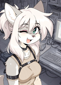 anthro bangs close-up collar computer detailed_background ear_tuft eyeliner female fluffy fur green_eyes grey_body grey_fur hair harness high-angle_view makeup open_mouth outline sleeveless_shirt solo three-quarter_view tuft white_hair holo_(director) canid canine canis domestic_dog mammal absurd_res detailed hi_res noobai_(model)