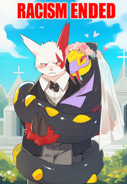 <3 black_body black_tie_(suit) bridal_carry carrying church claws clothing cloud coiling day duo fangs feral fur grass jitome looking_at_another looking_at_partner looking_at_viewer male male/male markings married_couple neutral_expression no_sclera outside plant red_body red_eyes red_fur shrub sky smile standing suit teeth text upper_body wedding wedding_veil white_body white_fur unknown_director nintendo pokemon generation_3_pokemon mammal pokemon_(species) reptile scalie seviper snake zangoose english_text hi_res