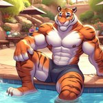 abs anthro bulge chair felid furniture group human male mammal muscular nipples pantherine plant pool shirtless sitting smile table tiger wall_(structure) water white_wall wood_chair zidanes123