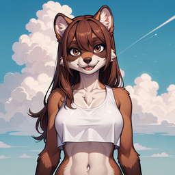 aaa_anime_vae_sdxl_v2_(vae) anthro artois_posting_service blue_sky breasts brown_body brown_eyes brown_fur brown_hair brown_nose chest_tuft clothed clothing cloud cloudscape comfyui_(software) countershade_torso countershading crop_top day eyebrows eyelashes fangs female front_view fur furrytoonmix_(model) hair inner_ear_fluff long_hair looking_at_viewer midriff nai-diffusion-4-full_(model) navel open_mouth open_smile outside ponystandardvae_v10_(vae) realesrgan_x4plus_(upscaler) sdxl_vae_fp16_(vae) shirt sky smile solo tank_top teeth tongue topwear tuft white_body white_clothing white_fur white_inner_ear_fluff white_shirt white_topwear crashbandit mammal procyonid raccoon digital_media_(artwork) half-length_portrait portrait prompt_metainfo shaded