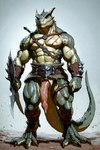 animal_genitalia anthro armor big_penis bracers cloaca cloacal_penis genitals green_body male multicolored_body muscular penis shield simple_background solo standing two_tone_body weapon hyperion lizard lizardman reptile scalie tail hi_res