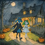 anthro autumn blue_body blue_fur building candy clothing dessert dress female fence food fur grass group hand_holding house jack-o'-lantern looking_at_another male moon mother mother_and_child parent parent_and_child plant red_eyes smile standing tree trio walking white_body cartuniverse gardevoir generation_3_pokemon generation_4_pokemon kirlia pokemon_(species) riolu hi_res