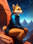 ambiguous_gender anthro boots bottomwear brown_eyes clothed clothing cosmic_background detailed_background detailed_face footwear hotpants inner_ear_fluff jacket mountains night_sky outside science_fiction short_tail shorts sitting smile solo space topwear tuft yiffymix_(model) snowshoes canid canine canis domestic_dog mammal shiba_inu spitz hi_res