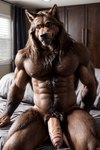 anthro bedroom bodily_fluids canid canine foreskin genital_fluids genitals hi_res looking_at_viewer male mammal muscular penis photorealism precum smile solo were werecanid werecanine werewolf