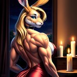 absurd_res anthro back_muscles bedroom bedroom_eyes candlelight female hare hi_res lagomorph leporid light lincsai looking_back mammal narrowed_eyes seductive solo