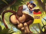 anthro anus balls baseball_cap big_ass bodily_fluids brown_body brown_fur clothed clothing coco_pops coco_the_monkey coontail dripping foreskin fur genital_fluids genitals haplorhine hat headgear headwear hi_res jungle leaking_precum looking_at_viewer male mammal mascot monkey monkey_tail partially_clothed paws penis pink_anus plant precum precum_drip primate saggy_balls solo tail tree