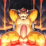 anthro balls bodily_fluids erection genital_fluids genitals hair horn humanoid_genitalia humanoid_penis lava looking_at_viewer male nude penis precum red_eyes red_hair rock sitting solo vein veiny_penis video_games anonymous_director nintendo super_mario_bros bowser koopa scalie hi_res