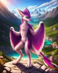 adam_shea anthro avali avian bird colorful detailed fur green_eyes hi_res light lighting male mountains nature purple_body purple_fur shaded sky smile smiling_at_viewer solo white_body