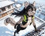anthro black_hair black_nose blue_eyes breasts clothing female fur hair small_breasts snow snow_on_ground snowing solo standing white_body white_fur ft-27 felid feline mammal pantherine snow_leopard