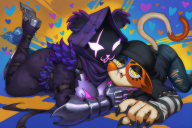 <3 abstract_background anthro armor ass_up beanie belt bent_legs big_breasts black_body black_fur blush bottomless bottomwear breasts caressing_face cheek-to-cheek claws clothed clothed_female clothing crossed_legs cuddling denim denim_clothing duo eye_roll eye_scar facial_scar feathers female female/female fluffy_fur fur gauntlets gloves glowing glowing_eyes greaves handwear hat headgear headwear hood hood_down hoodie jeans legs_up looking_at_another looking_at_partner looking_down lying mottled multicolored_body multicolored_fur on_front orange_body orange_fur pants piebald purple_body purple_fur scar shadow_face smug smug_face straps striped_sleeves tail topwear torn_bottomwear torn_clothing torn_jeans torn_pants white_body white_fur yellow_eyes kotcfacu_(director) meow_skulls_(fortnite) raven_team_leader_(fortnite) calico_cat domestic_cat felid feline felis mammal ursid