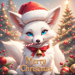 ambiguous_gender blue_eyes candy candy_cane christmas_clothing christmas_decorations christmas_headwear christmas_present christmas_theme clothing dessert feral fluffy fluffy_body food fox_spirit fur hat headgear headwear looking_at_viewer santa_hat snow white_body white_fur maw_master canid canine fox mammal