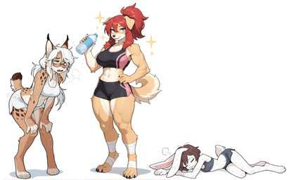 anthro bags_under_eyes bandages blue_eyes bodily_fluids bottomwear bra breath brown_body brown_fur brown_hair chest_tuft clothing digitigrade exhausted eyes_closed eyewear female floppy_ears fur glasses green_eyes group hair long_hair looking_at_viewer lying muscular ponytail red_hair short_hair shorts size_difference skinny slightly_chubby sparkles sports_bra standing sweat sweatdrop trio tuft underwear water_bottle white_body white_fur white_hair yellow_body yellow_fur magicraven canid canine canis domestic_dog felid feline lagomorph leporid lynx mammal rabbit absurd_res hi_res